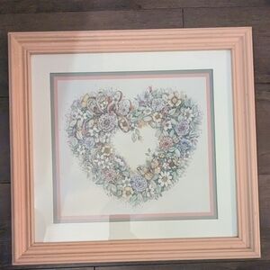 VTG HOMCO HOME INTERIORS FLOWER HEART PICTURE PEACH MINT GREEN WOOD FRAME